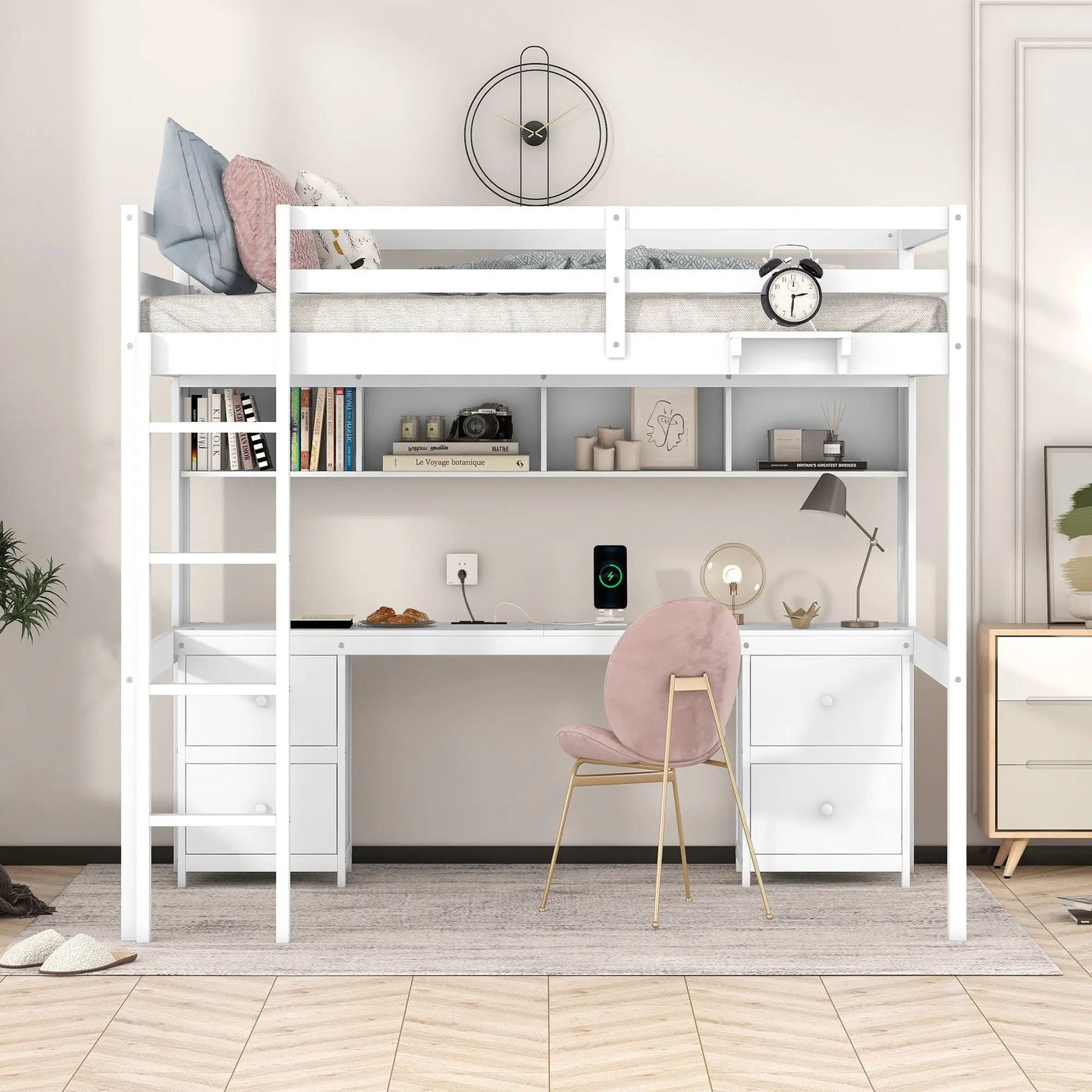 Loft Bed With Desk, Cabinets, Drawers, Charging Station And Bedside Tray by HouseOfZazla