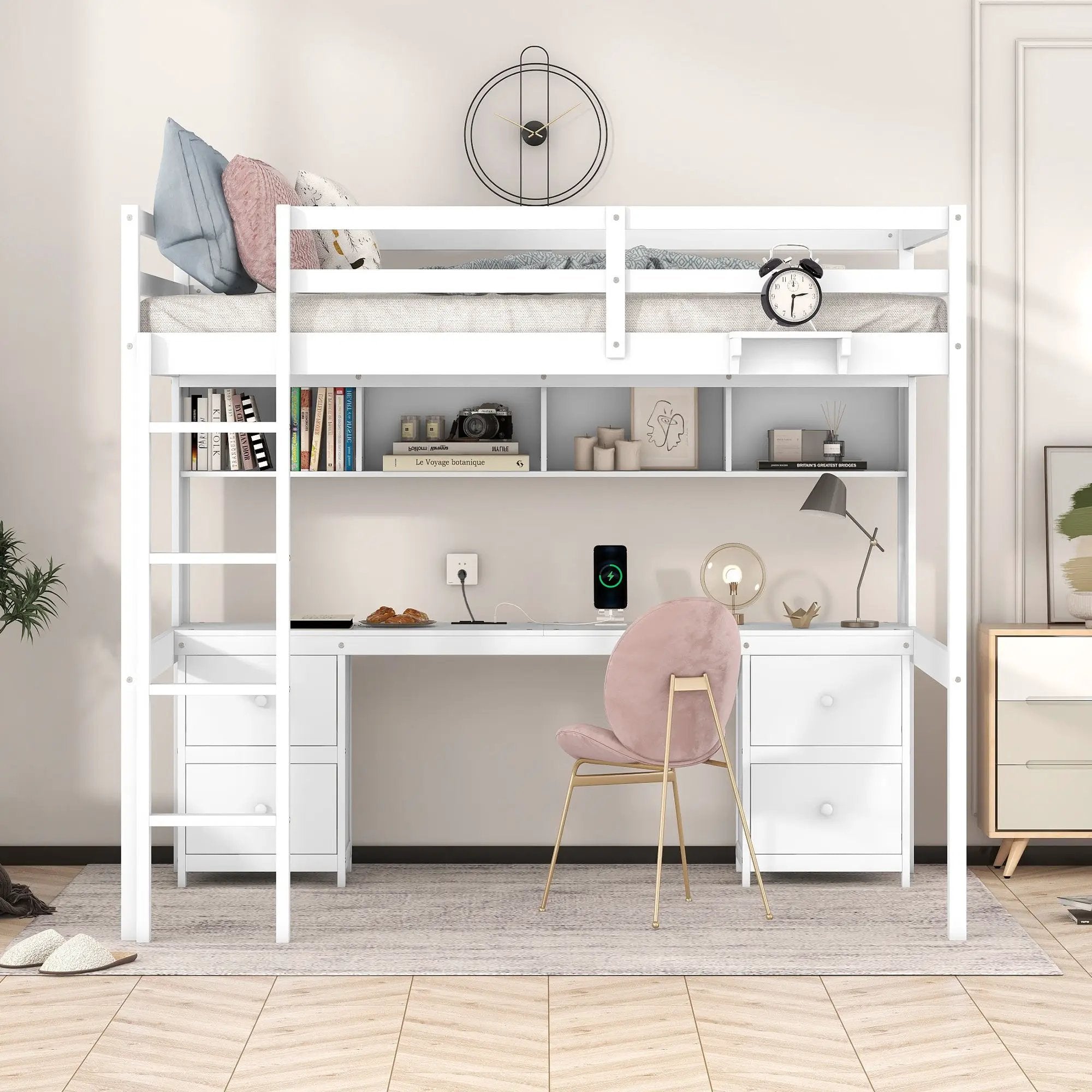 Loft Bed With Desk, Cabinets, Drawers, Charging Station And Bedside Tray by Unique Piece Furniture