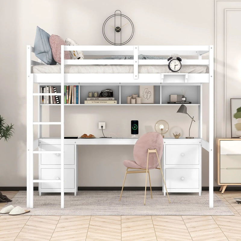 Full Size Loft Bed With Desk, Cabinets, Drawers, Charging Station And Bedside Tray, Sturdy Frame, No Box Spring Required - White by Unique Piece Furniture