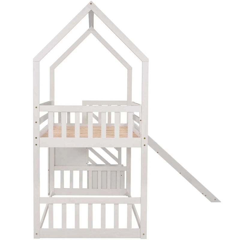 Twin Over Twin House Bunk Bed With Convertible Slide, Storage Staircase by Unique Piece Furniture