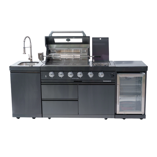 NG 85" 4-Burner 72,000 BTU Black Outdoor Kitchen Island Grill + Refrigerator + Sink