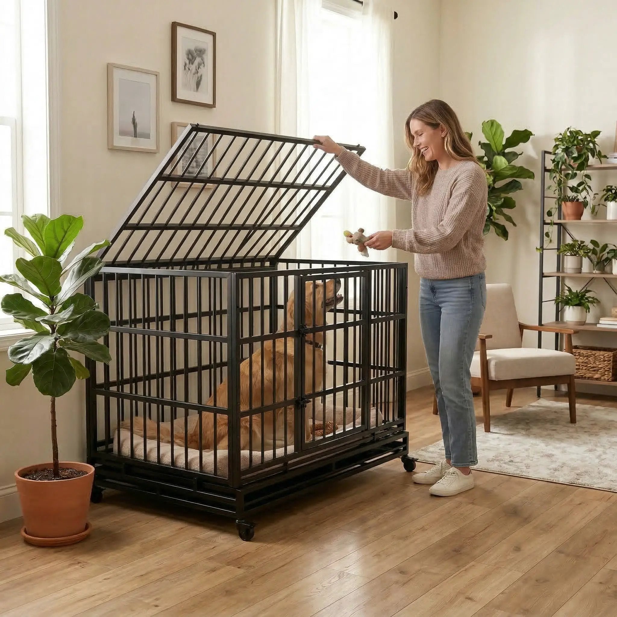 48 Inch Heavy Duty Indestructible Dog Crate with Wheels by HouseOfZazla