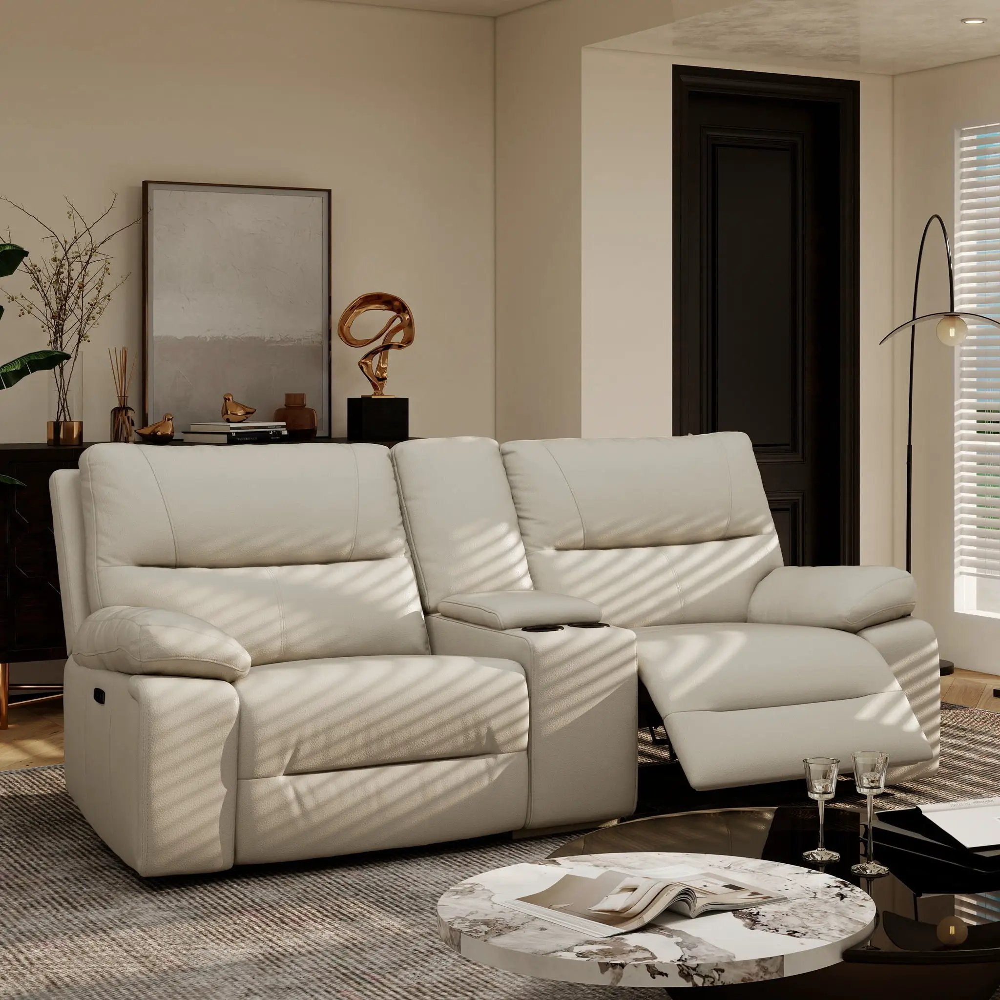 Malibu - Modern Power Motion 3 Piece Reclining Loveseat Sofa With Cup Holders - Cream Taupe Beige by HouseOfZazla