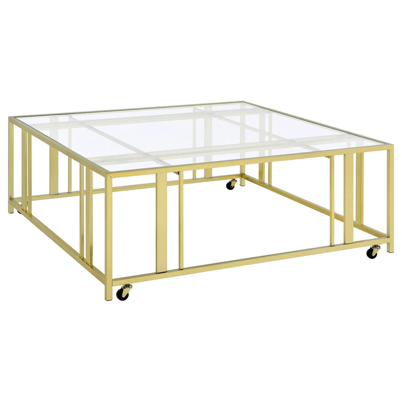 Adri Square Glass Top Coffee Table with Casters Matte Brass by Unique Piece Furniture