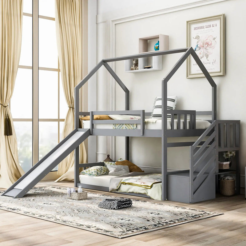 Twin Over Twin House Bunk Bed With Convertible Slide, Storage Staircase by HouseOfZazla