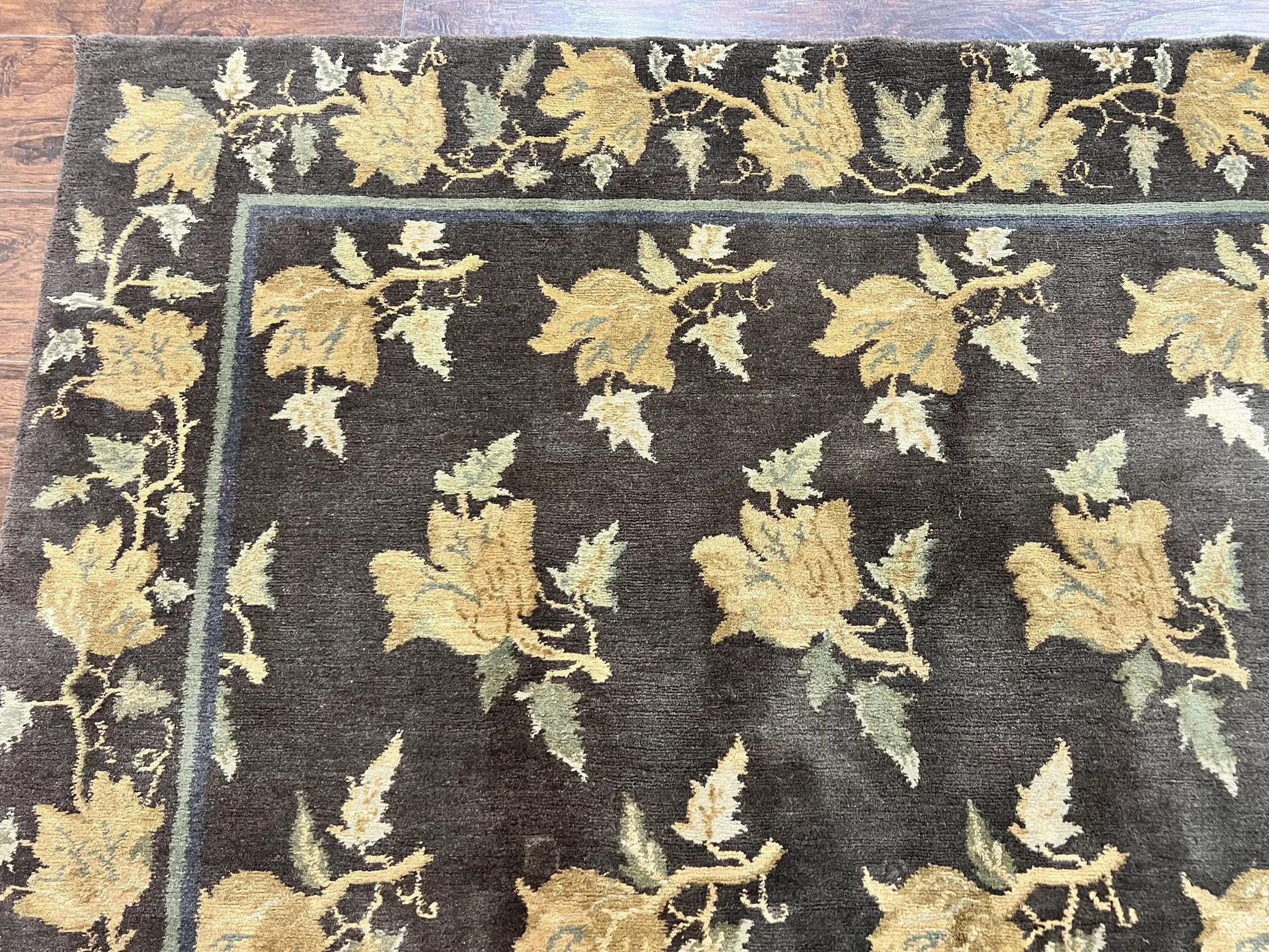Tibetan Nepal Rug 6x9, Wool Hand Knotted Vintage Carpet 6 x 9, Dark Green & Golden Yellow, Floral Bouquets by Jewel Rugs