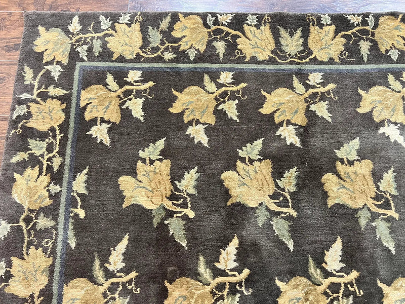 Tibetan Nepal Rug 6x9, Wool Hand Knotted Vintage Carpet 6 x 9, Dark Green & Golden Yellow, Floral Bouquets by Jewel Rugs