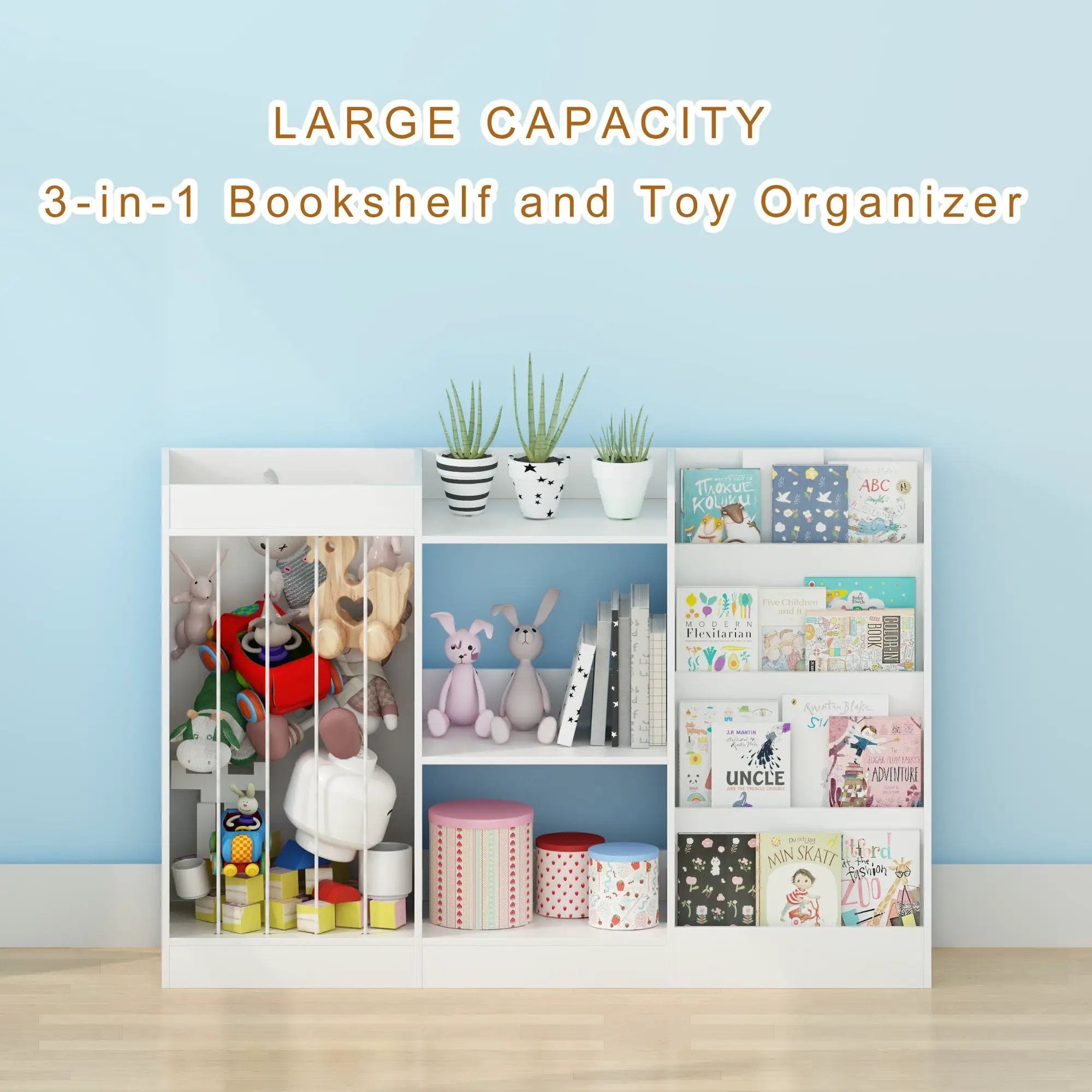 Bookshelf And Toy Storage, 3 Tier Montessori Bookcase With Stuffed Animal Organizer - White by HouseOfZazla