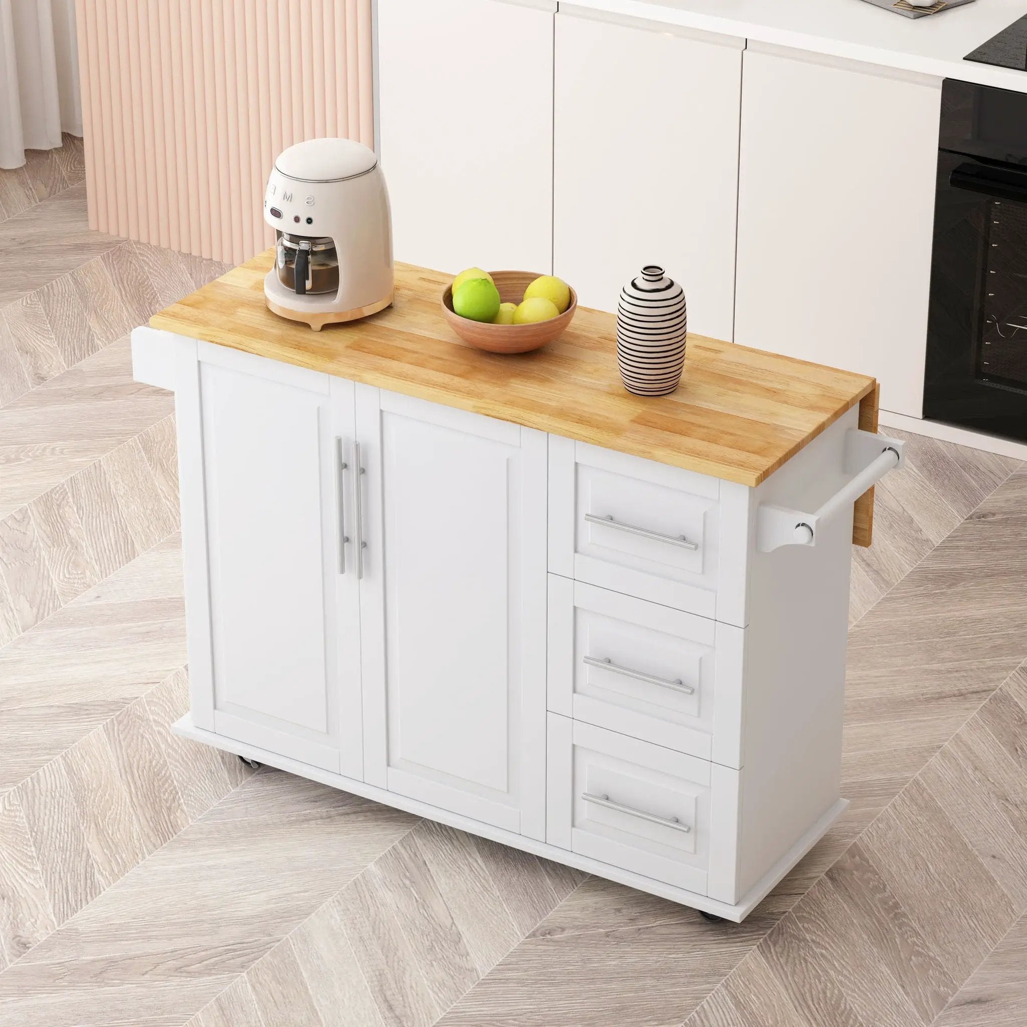 Kitchen Island Cart With 2 Door Cabinet, 3 Drawers, Spice Rack & Towel Rack - White by Unique Piece Furniture