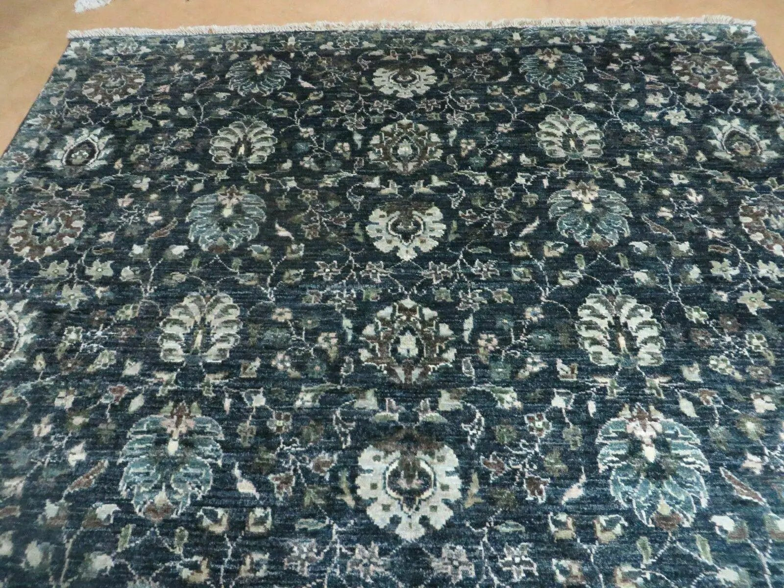 5' 6" X 8' Vintage Handmade Pakistani Floral Oriental Wool Rug Black Dark Grey by Jewel Rugs