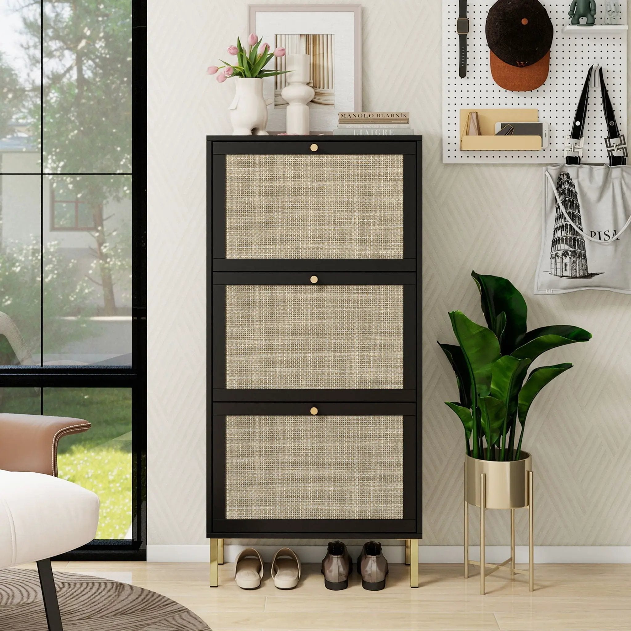 Modern Rattan 3 Door Shoe Rack Cabinet for Entryway by HouseOfZazla