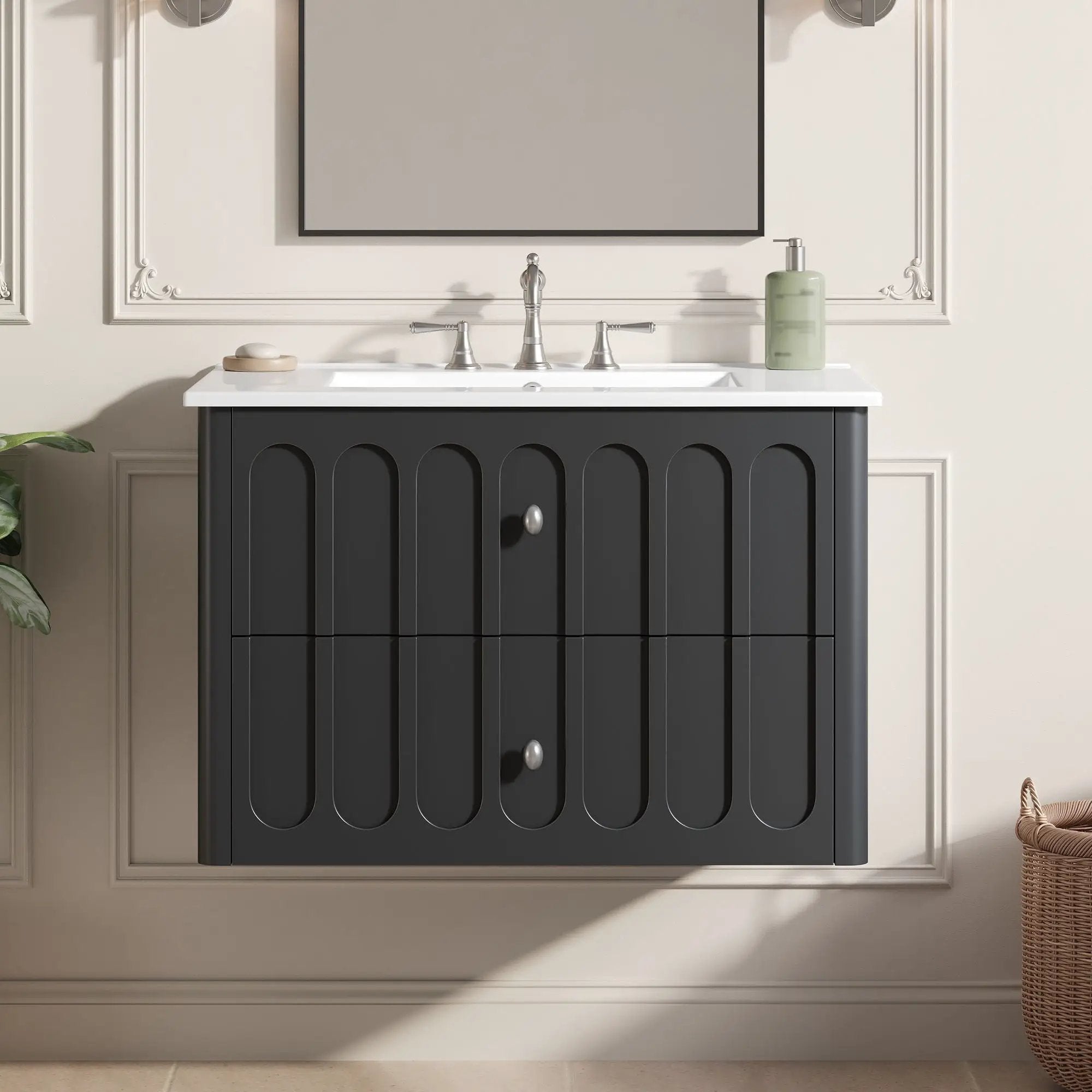 Floating Bathroom Vanity With Oval Knobs & Round Edge, Soft Close Drawer Slides by Unique Piece Furniture