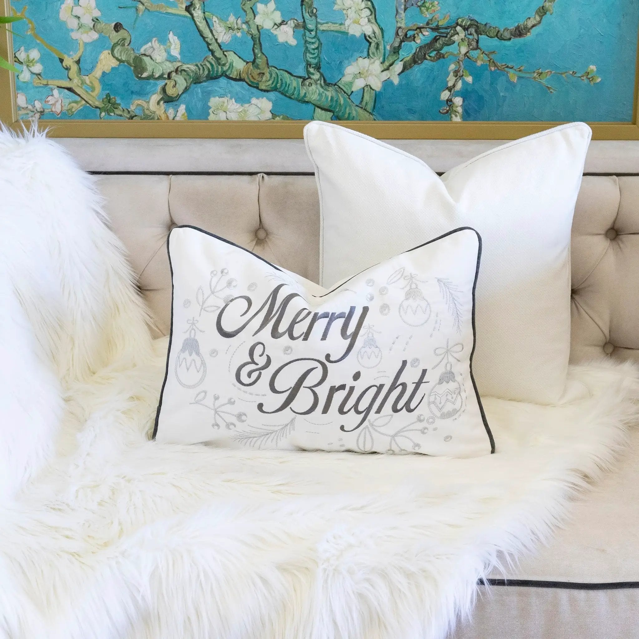 Merry & Bright Christmas Throw Pillow – 14x20 Velvet Lumbar Cushion by HouseOfZazla
