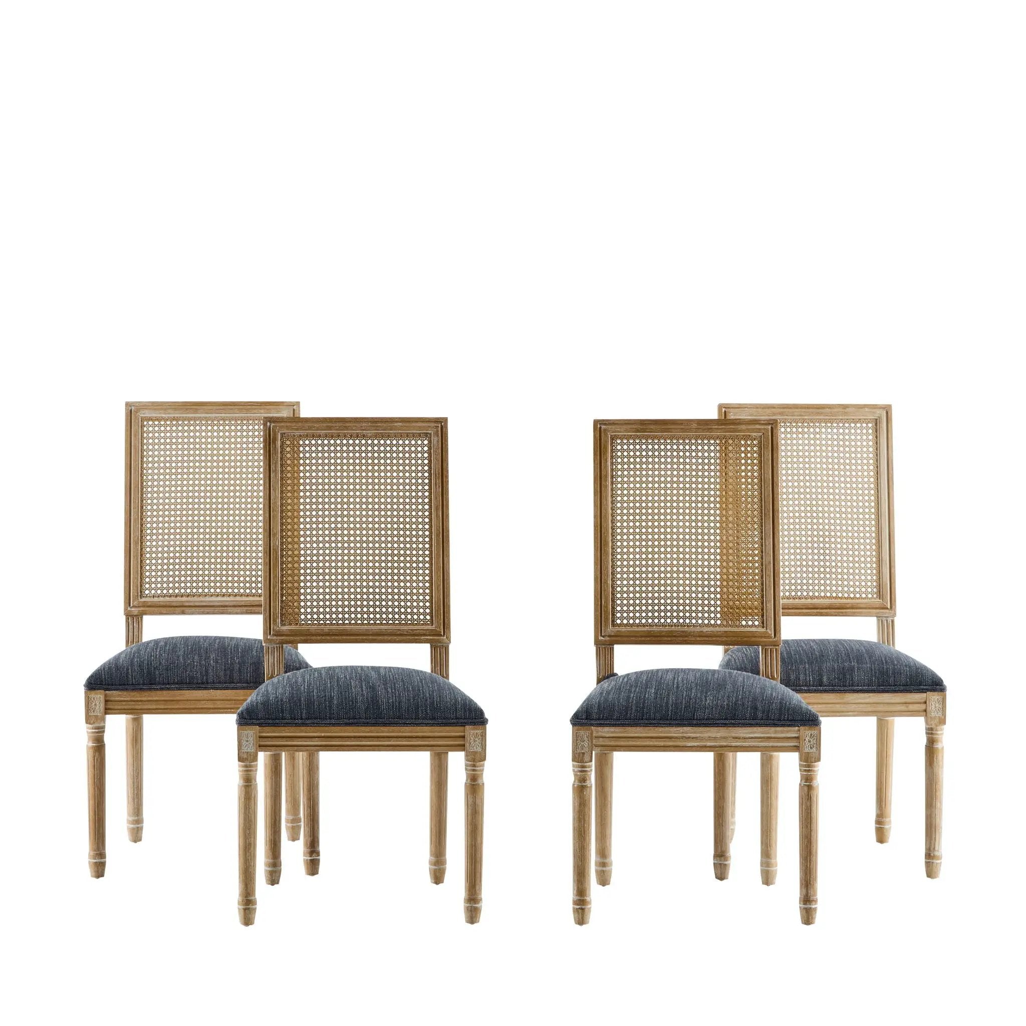 French Country Dining Chair With Rectangular Cane Backrest And Smooth Upholstered Seating by HouseOfZazla