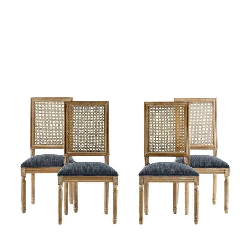 French Country Dining Chair With Rectangular Cane Backrest And Smooth Upholstered Seating by HouseOfZazla