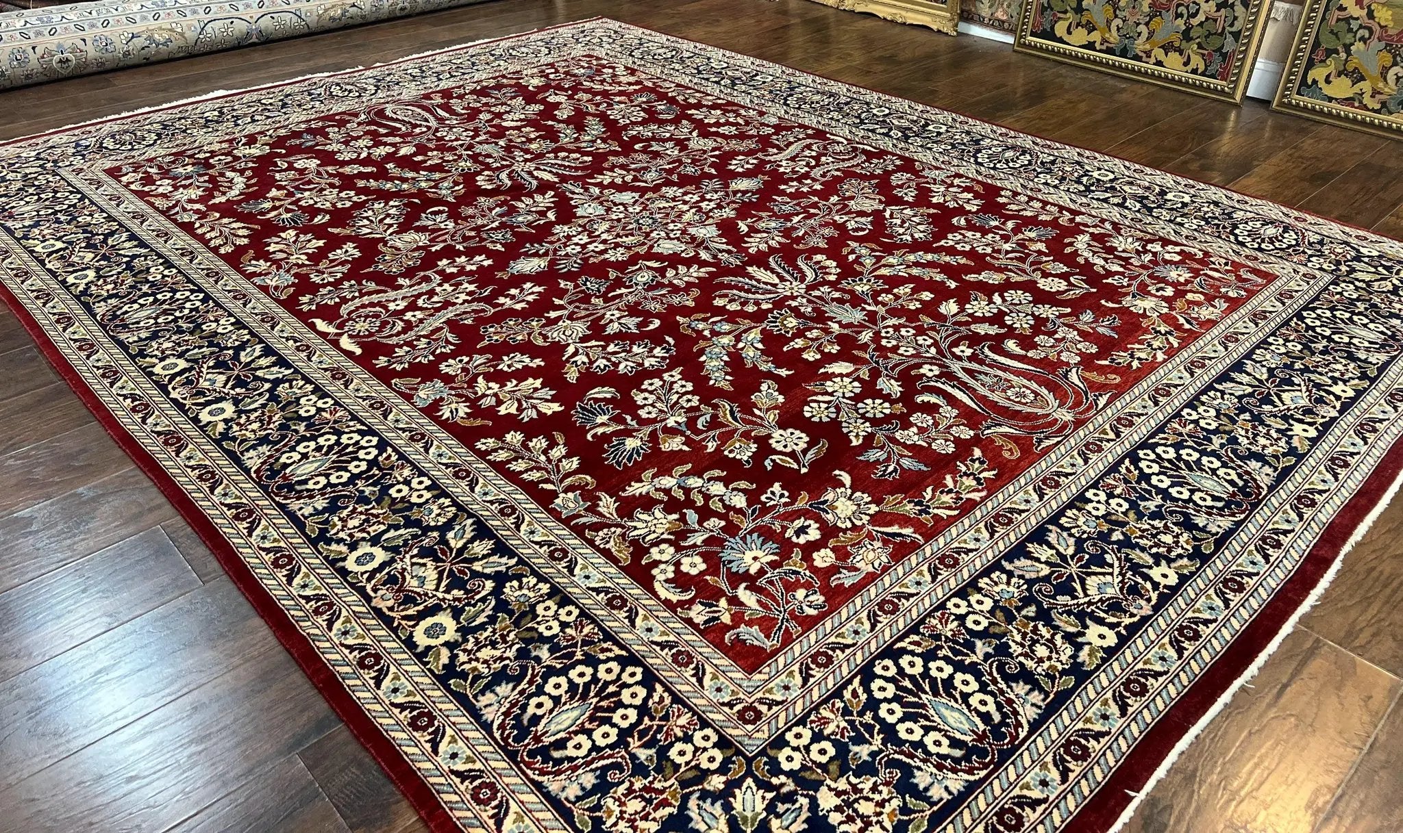 Indo Persian Sarouk Rug 9x12, Floral Allover, Dark Red & Navy Blue, Handmade Vintage Wool Carpet by Jewel Rugs
