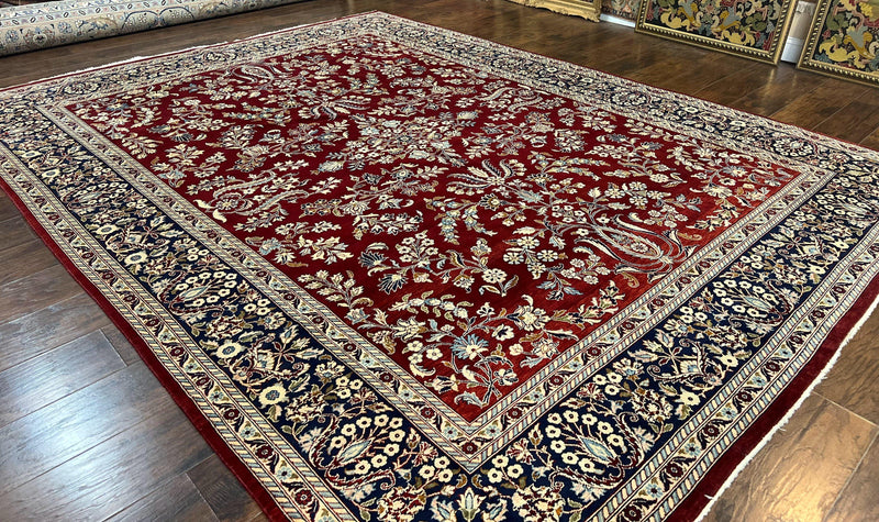 Indo Persian Sarouk Rug 9x12, Floral Allover, Dark Red & Navy Blue, Handmade Vintage Wool Carpet by Jewel Rugs