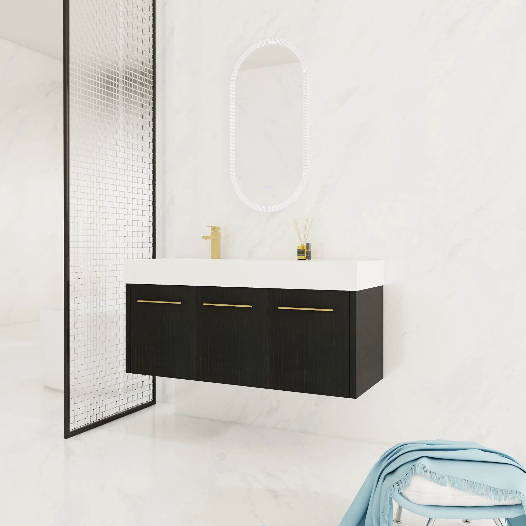 Contemporary 48" Wall Mounted Bathroom Vanity With Resin Sink And Soft Closing Doors And Line - Black Chestnut by HouseOfZazla