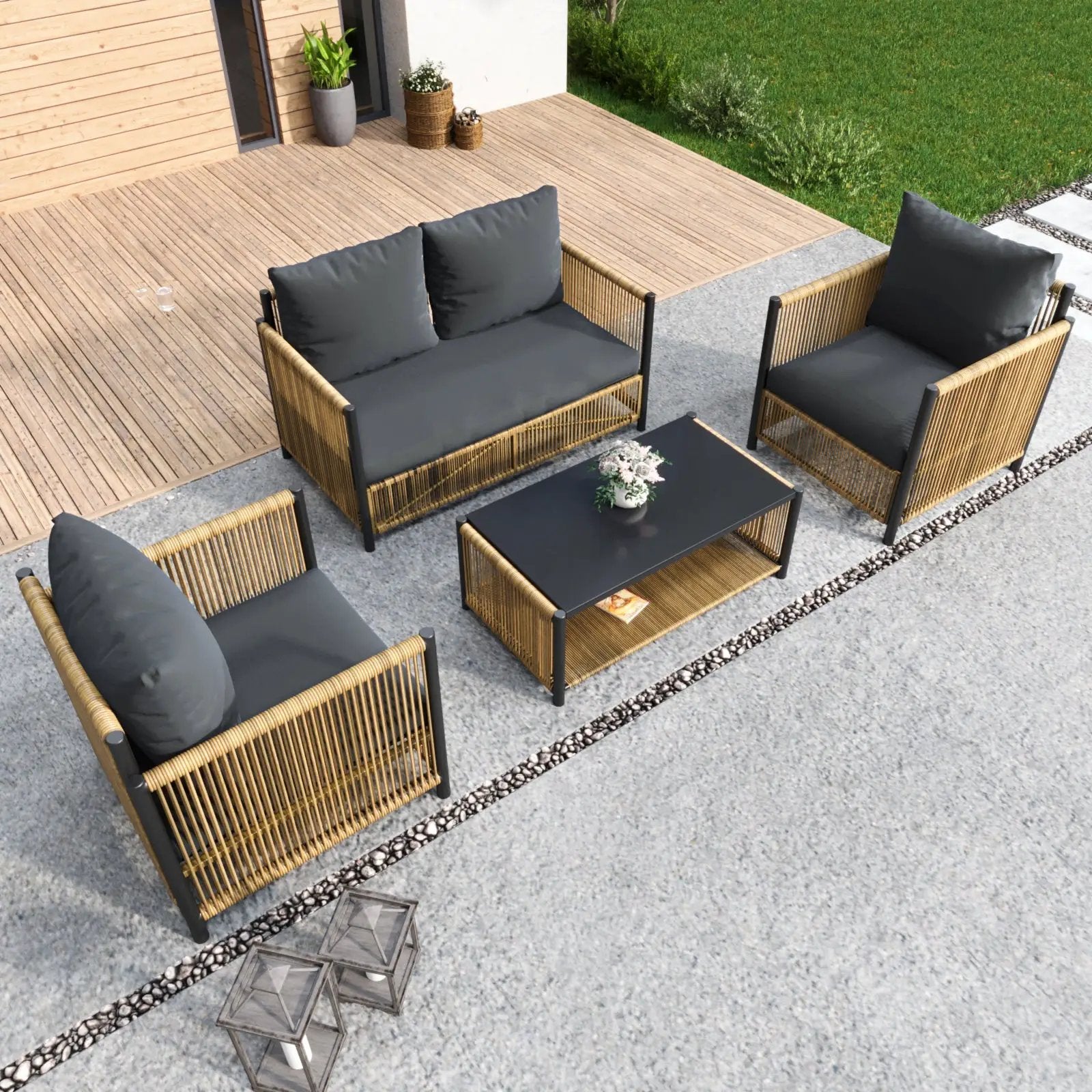 Patio 4-Piece Brown PE Wicker Sofa Set with Grey Cushions by HouseOfZazla