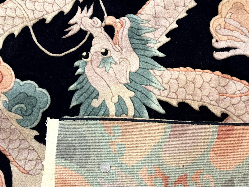 Black Chinese Wool Rug 8x10 with Dragons, Rainbow Borders, Rare by Jewel Rugs