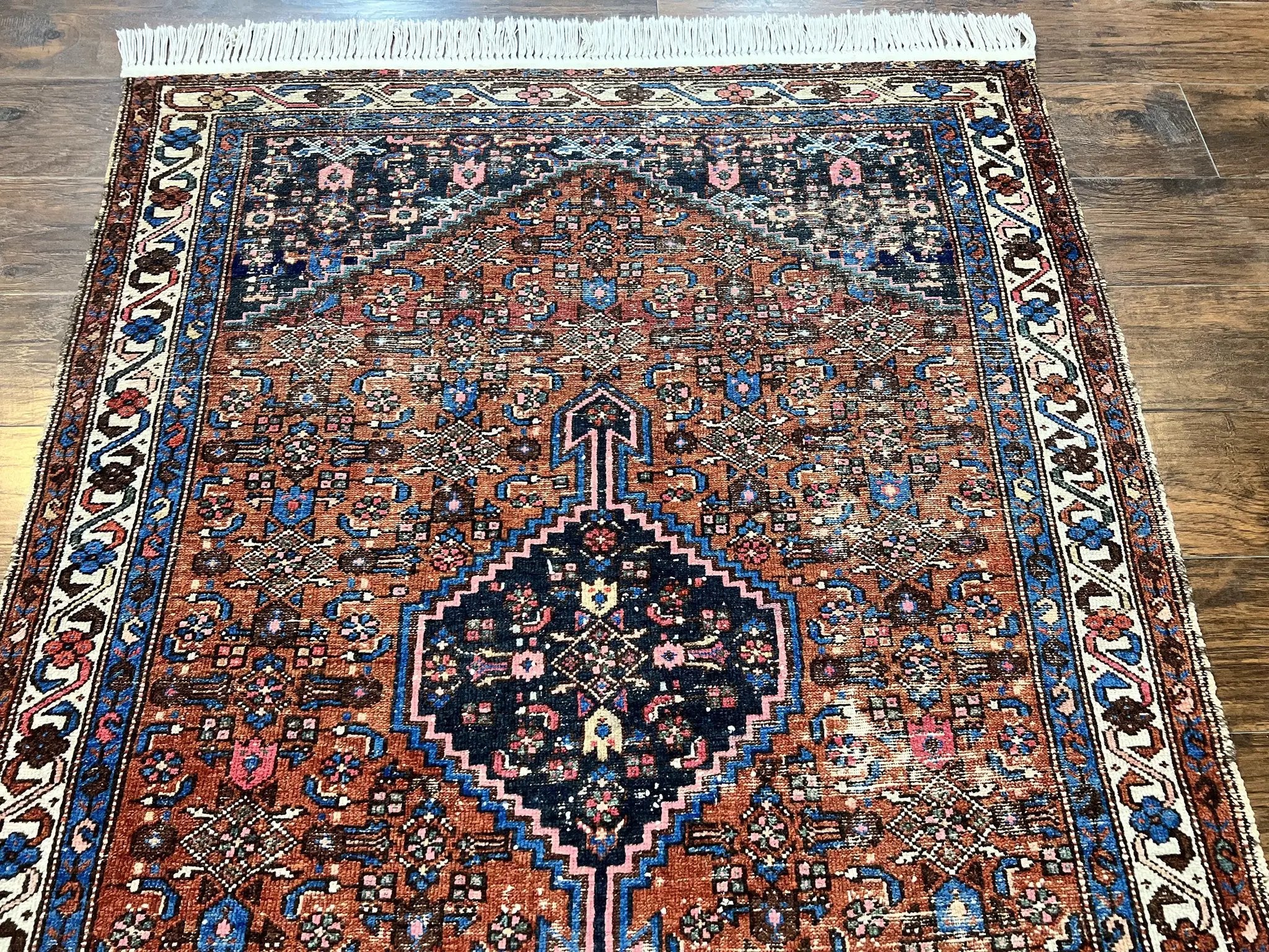 Red Persian Hamadan Rug 4x6, Wool Handmade Antique Carpet, Geometric Medallion Rug, Oriental Rug 4 x 6, Persian Tribal Rug, Hand Knotted Rug by Jewel Rugs