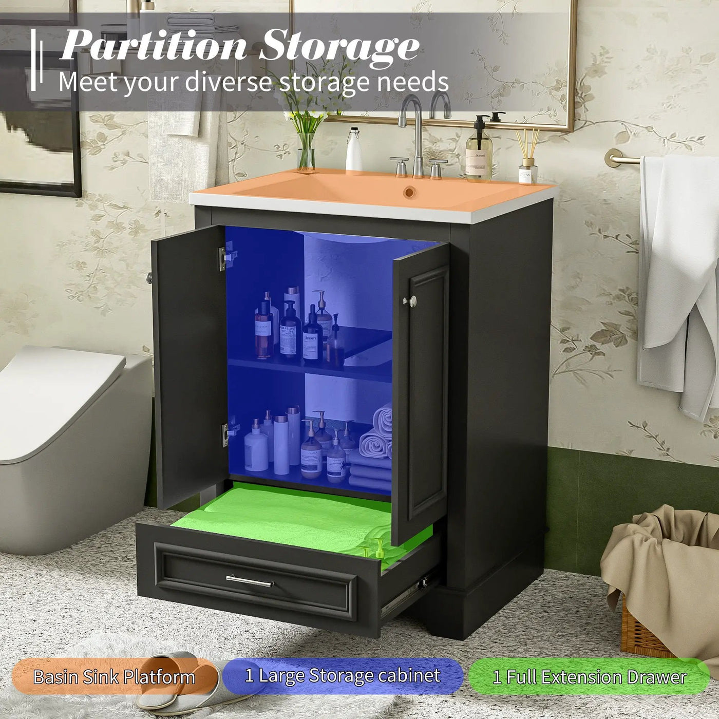 Bathroom Vanity With Ceramic Sink Combo, Modern Freestanding Storage Cabinet With Silver Handles by HouseOfZazla