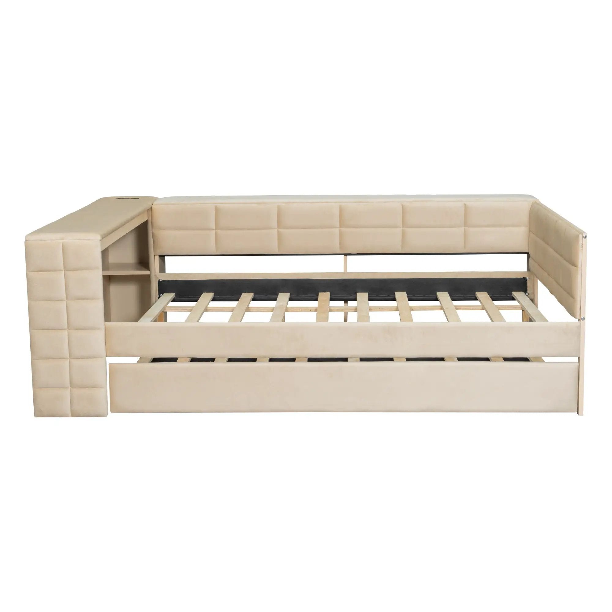 Upholstered Platform Bed With Storage Shelves, Desk, Charging Station And Trundle