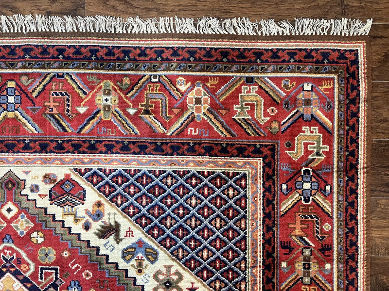 Belgium Power Loomed Rug 8x12, Geometric Medallions Persian Tribal Pattern, Vintage Wool Carpet, Ivory Red Blue by Jewel Rugs
