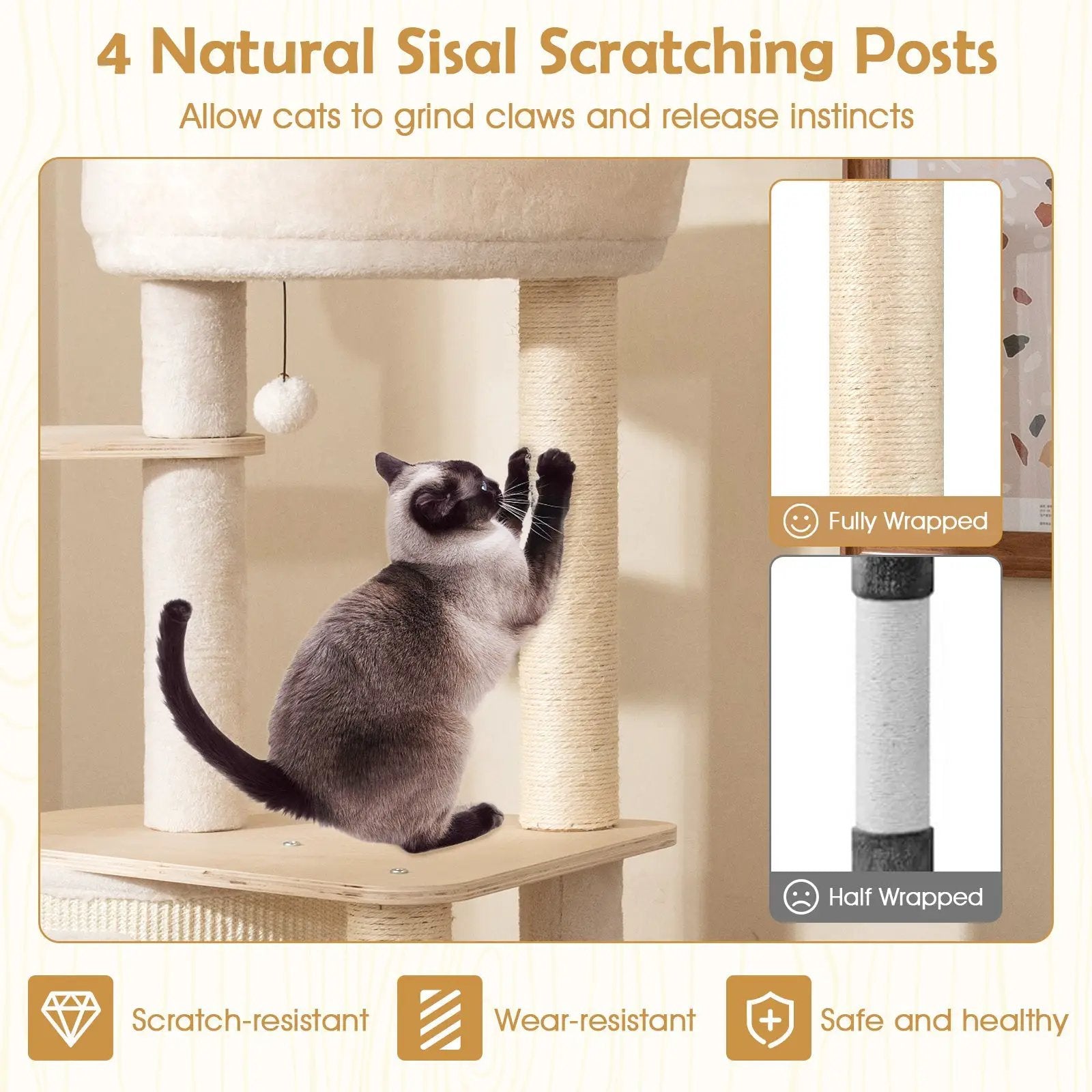 56 Inch Tall Cat Tree with 2 Sisal Scratching Posts and Ladder-NA by DirectDeals