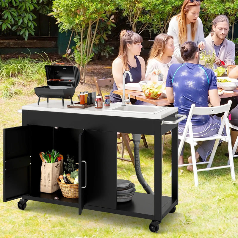 56 Inches Outdoor Grill Table with Sink and Stainless Steel Top-Black by DirectDeals
