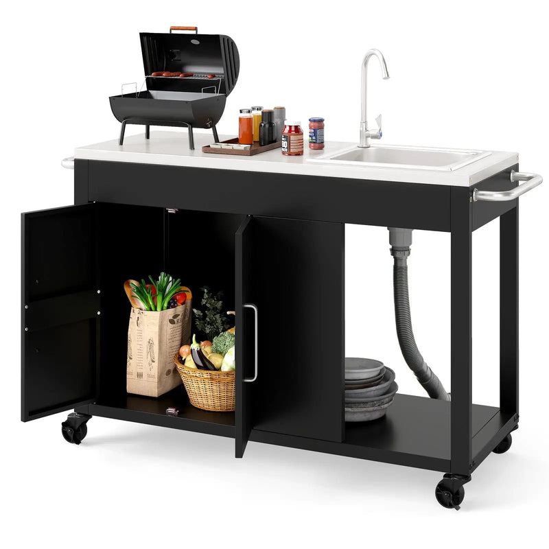 56 Inches Outdoor Grill Table with Sink and Stainless Steel Top-Black by DirectDeals
