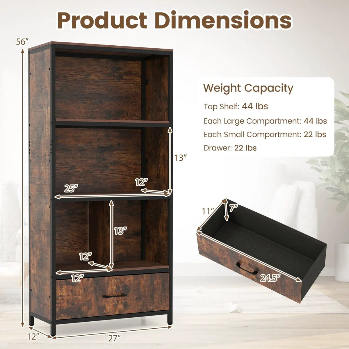 56" Tall Freestanding Bookcase with Drawer 5 Tier, photo 5 of 16