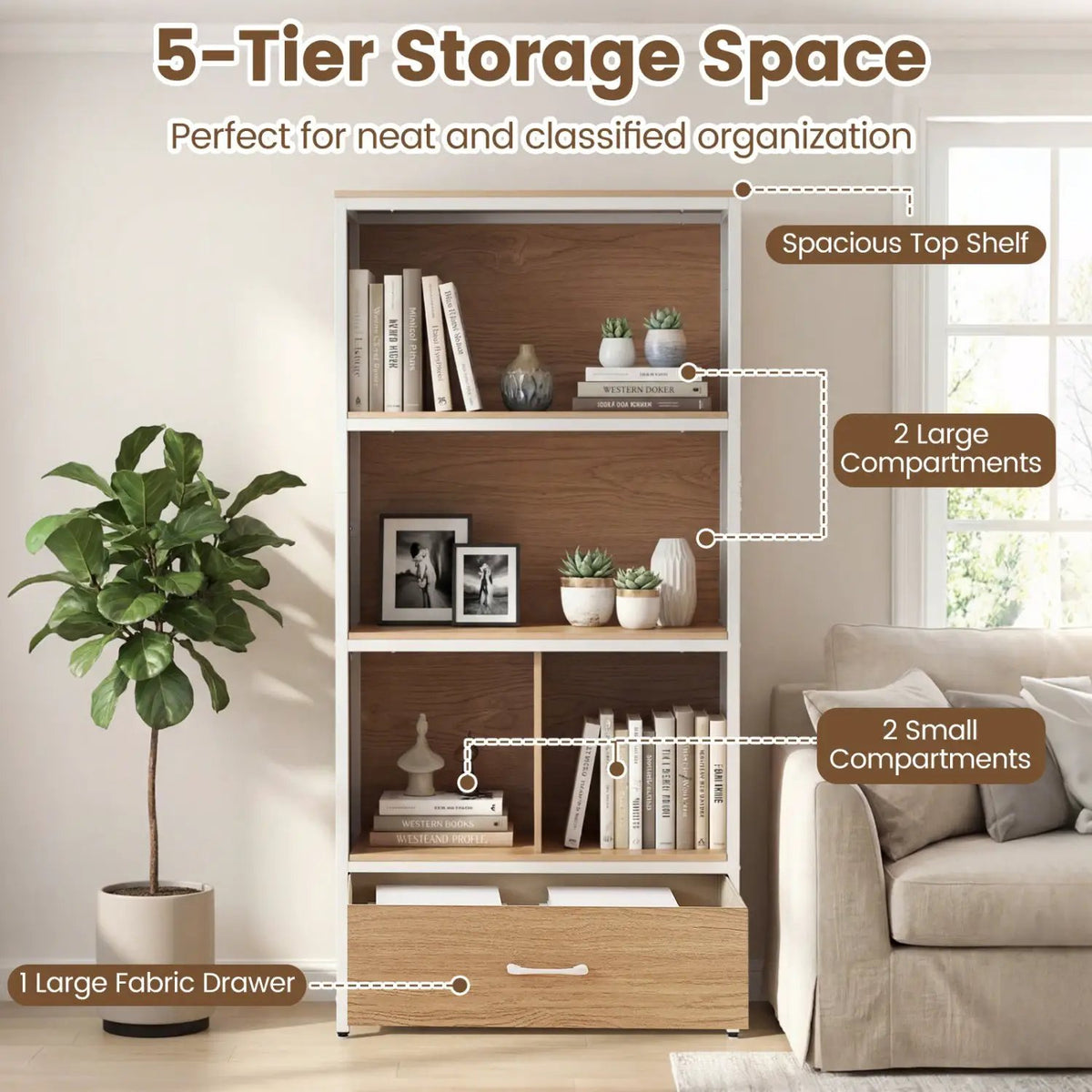 56" Tall Freestanding Bookcase with Drawer 5 Tier, photo 14 of 16