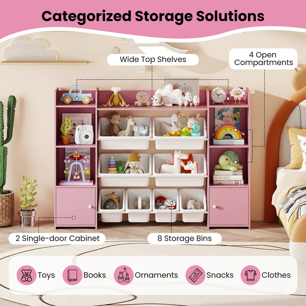 56 inch Large Toy Storage Organizer with 8 Removable Bins and Bookshelf, photo 17 of 24