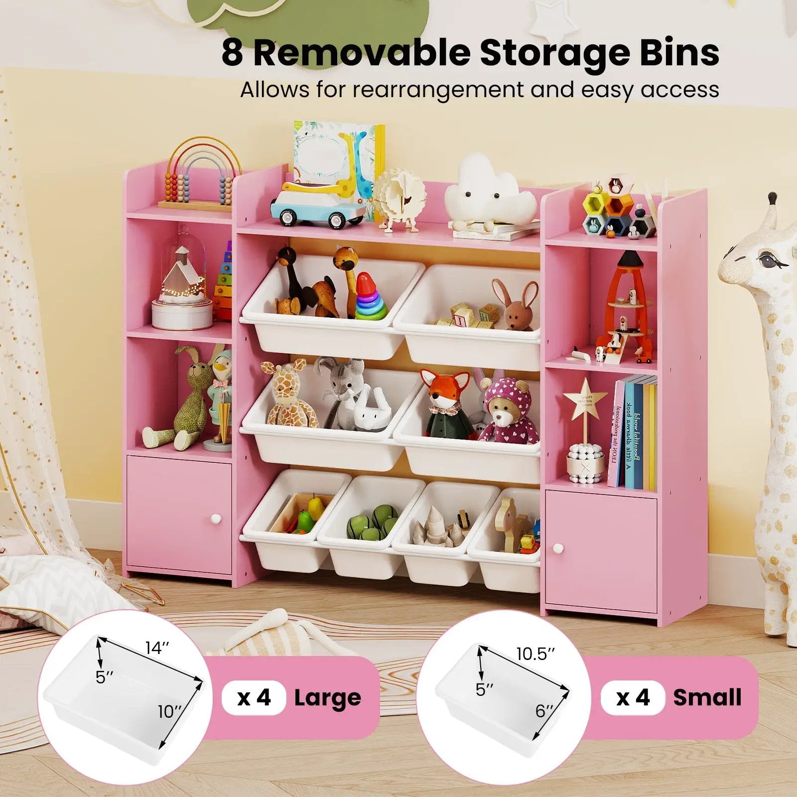 56 inch Large Toy Storage Organizer with 8 Removable Bins and Bookshelf by DirectDeals