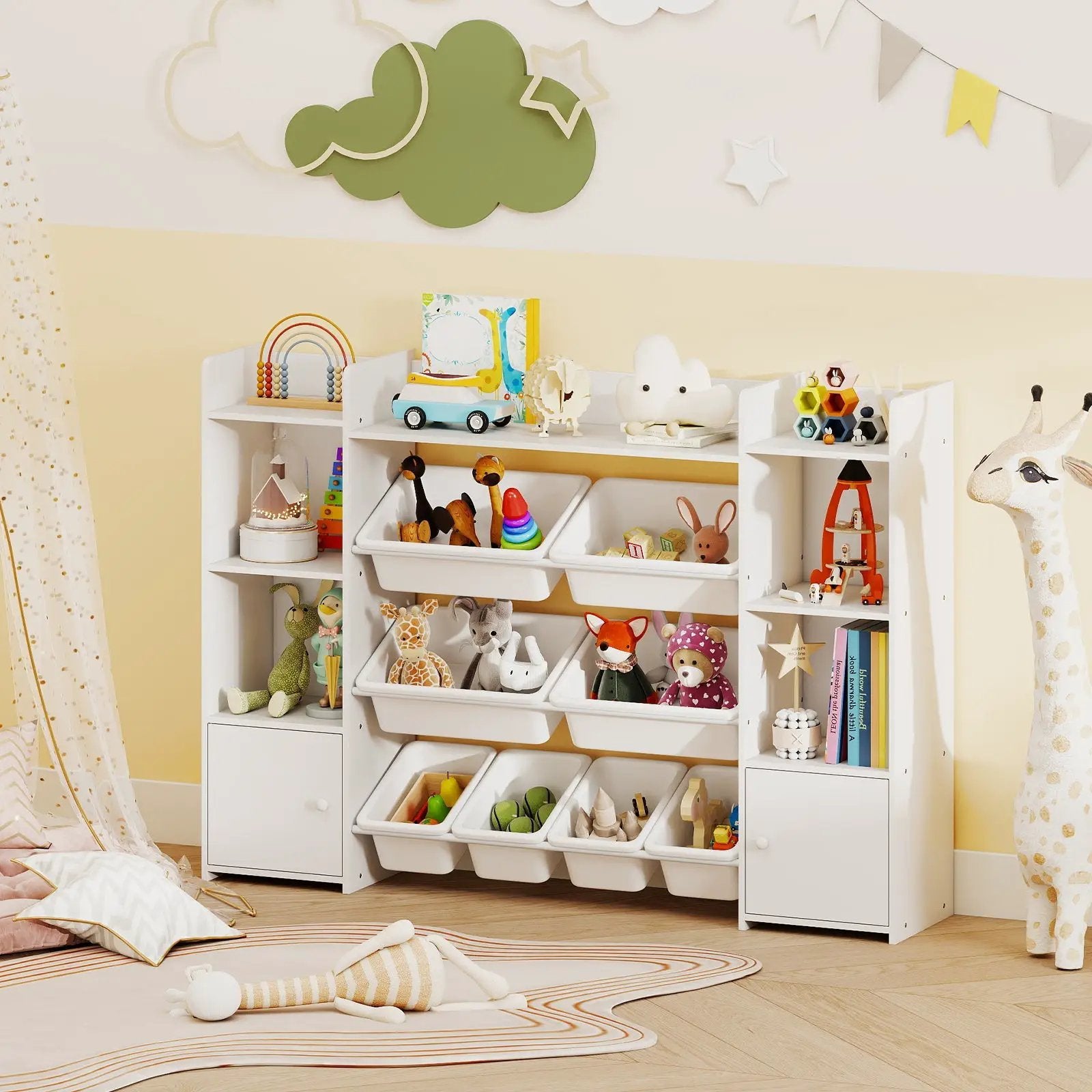56 inch Large Toy Storage Organizer with 8 Removable Bins and Bookshelf by DirectDeals