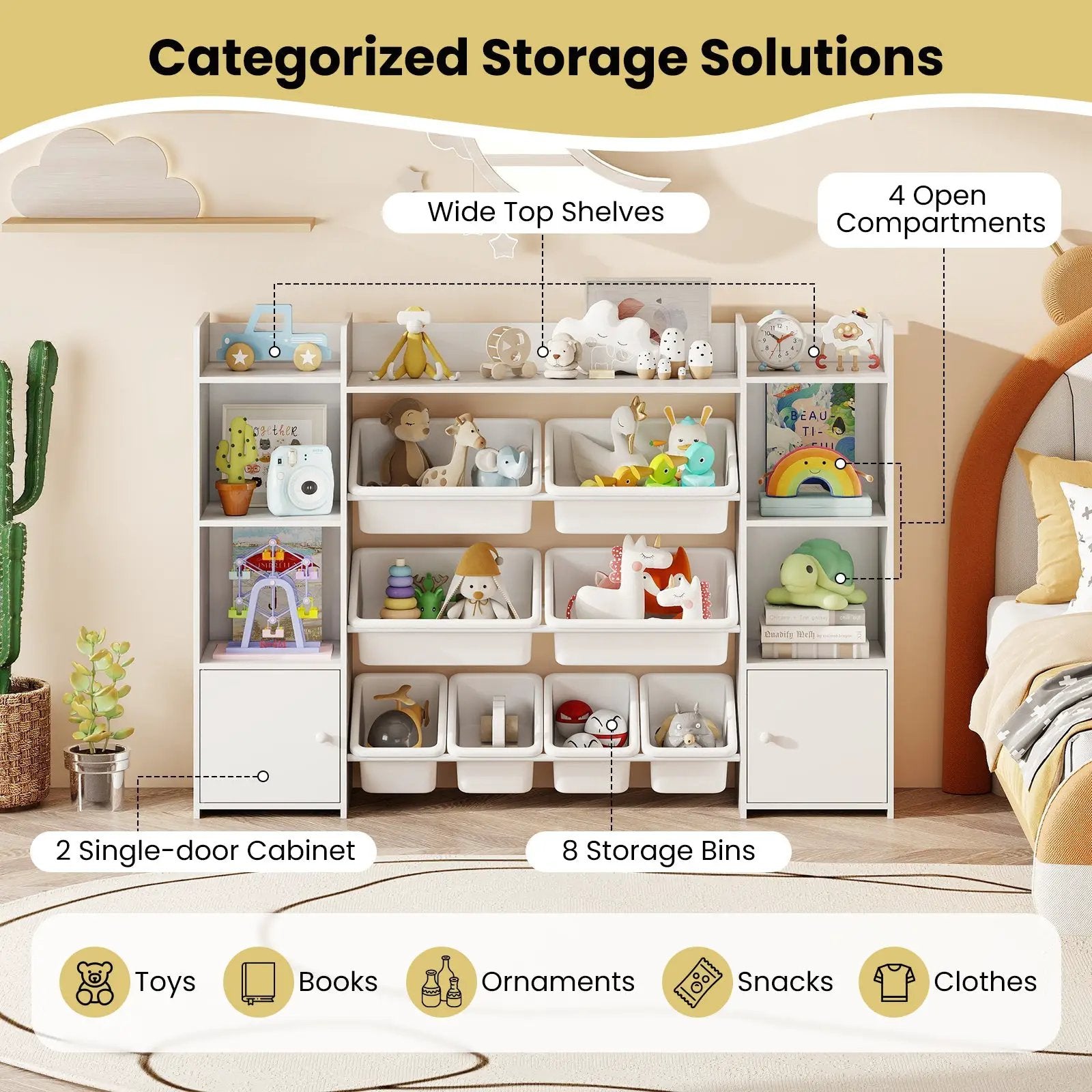 56 inch Large Toy Storage Organizer with 8 Removable Bins and Bookshelf by DirectDeals