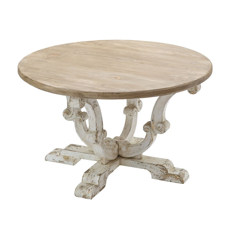 Round Wooden Coffee Table With Distressed Scrollwork Legs - Multicolor by HouseOfZazla