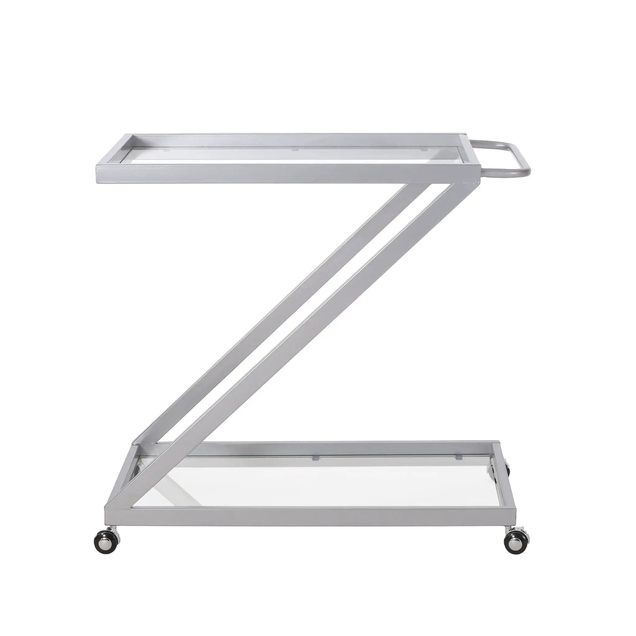 Modern Z Shaped Bar Cart With Tempered Glass Shelves - Silver by HouseOfZazla