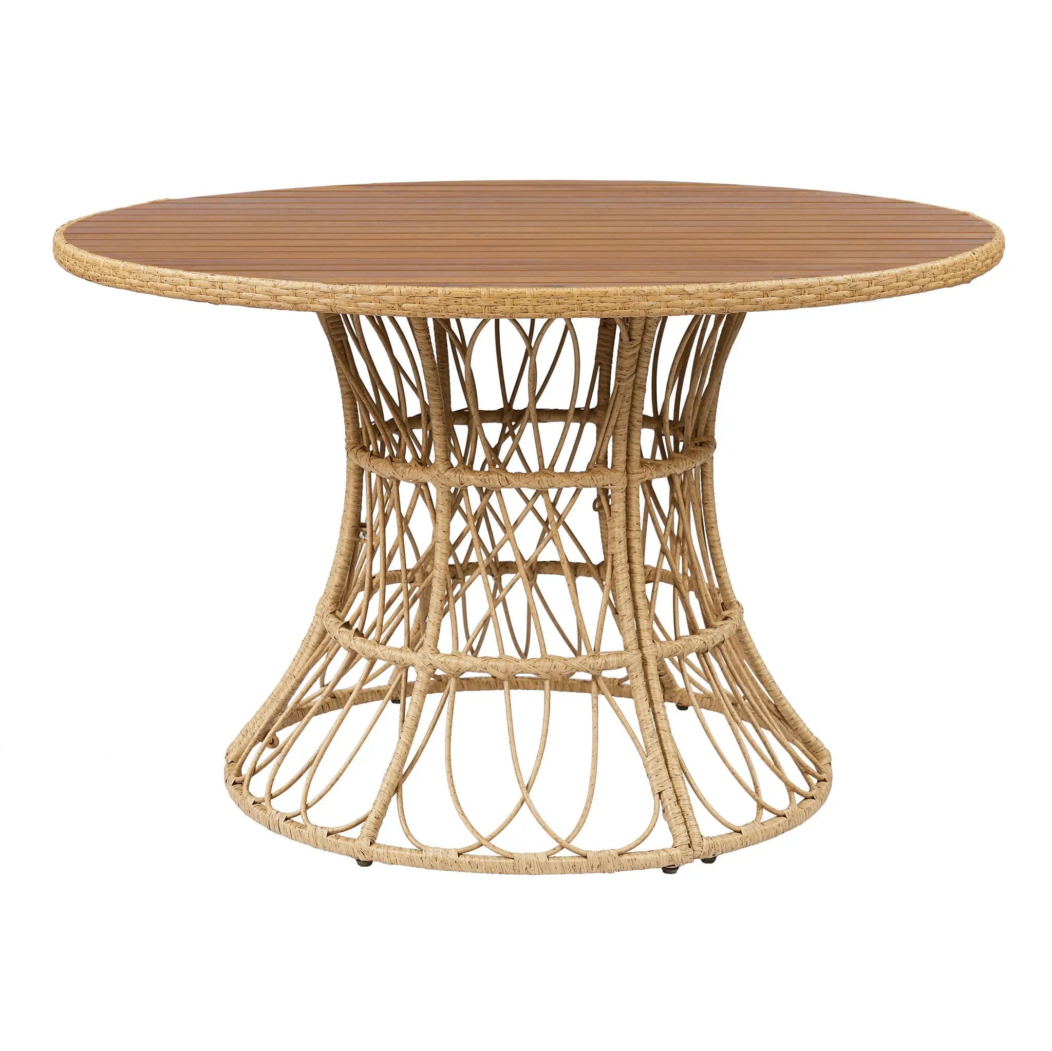 5-Piece Outdoor Dining Set: Teak Finish Round Acacia Wood Table & 4 Wicker Armchairs by HouseOfZazla