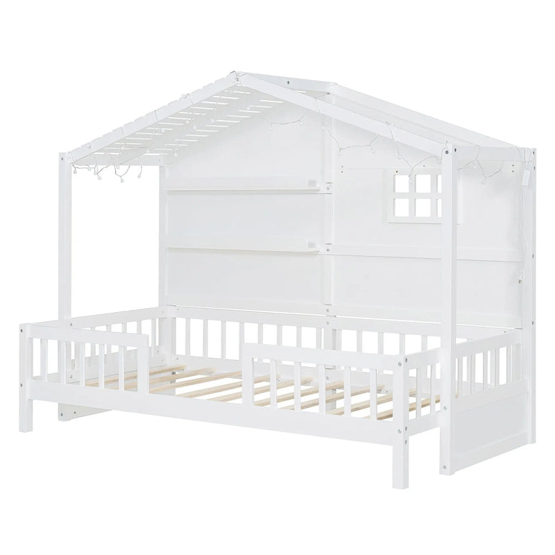 House Bed With Shelves, Window And Sparkling Light Strip On The Roof by HouseOfZazla