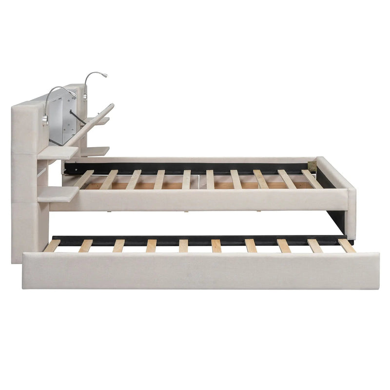 Upholstered Platform Bed With Reading Lights, Drawers, Trundle And Shelves by HouseOfZazla
