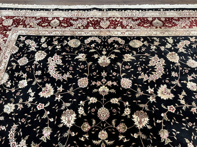 Sino Persian Rug 9x12, High Quality Oriental Carpet, Black and Maroon, Wool and Silk, Allover Floral Pattern, Hand Knotted, Vintage Rug Nice by Jewel Rugs