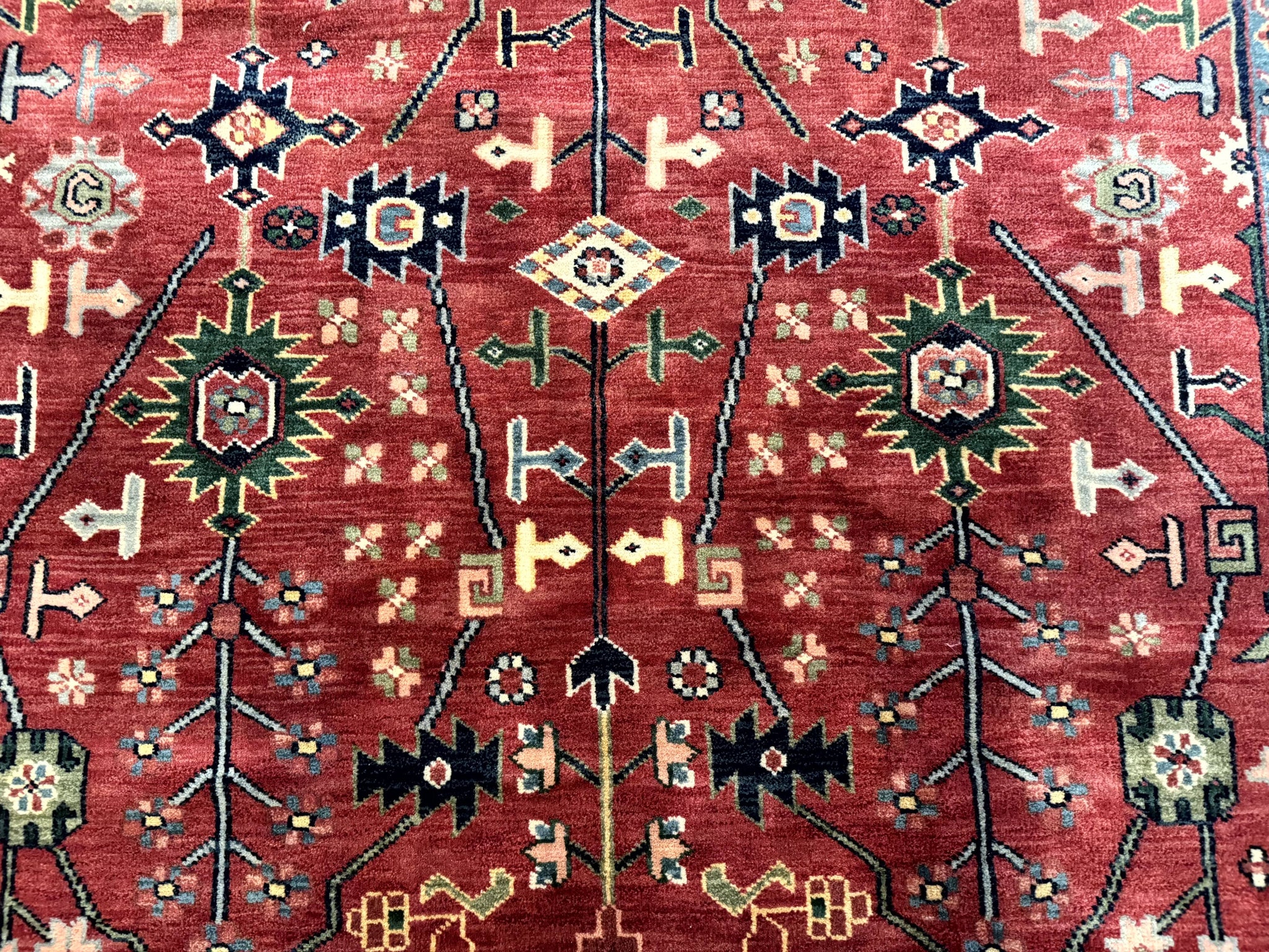 Indo Persian Heriz Serapi Rug 6x8, Rust Red and Navy Blue, Allover Pattern by Jewel Rugs