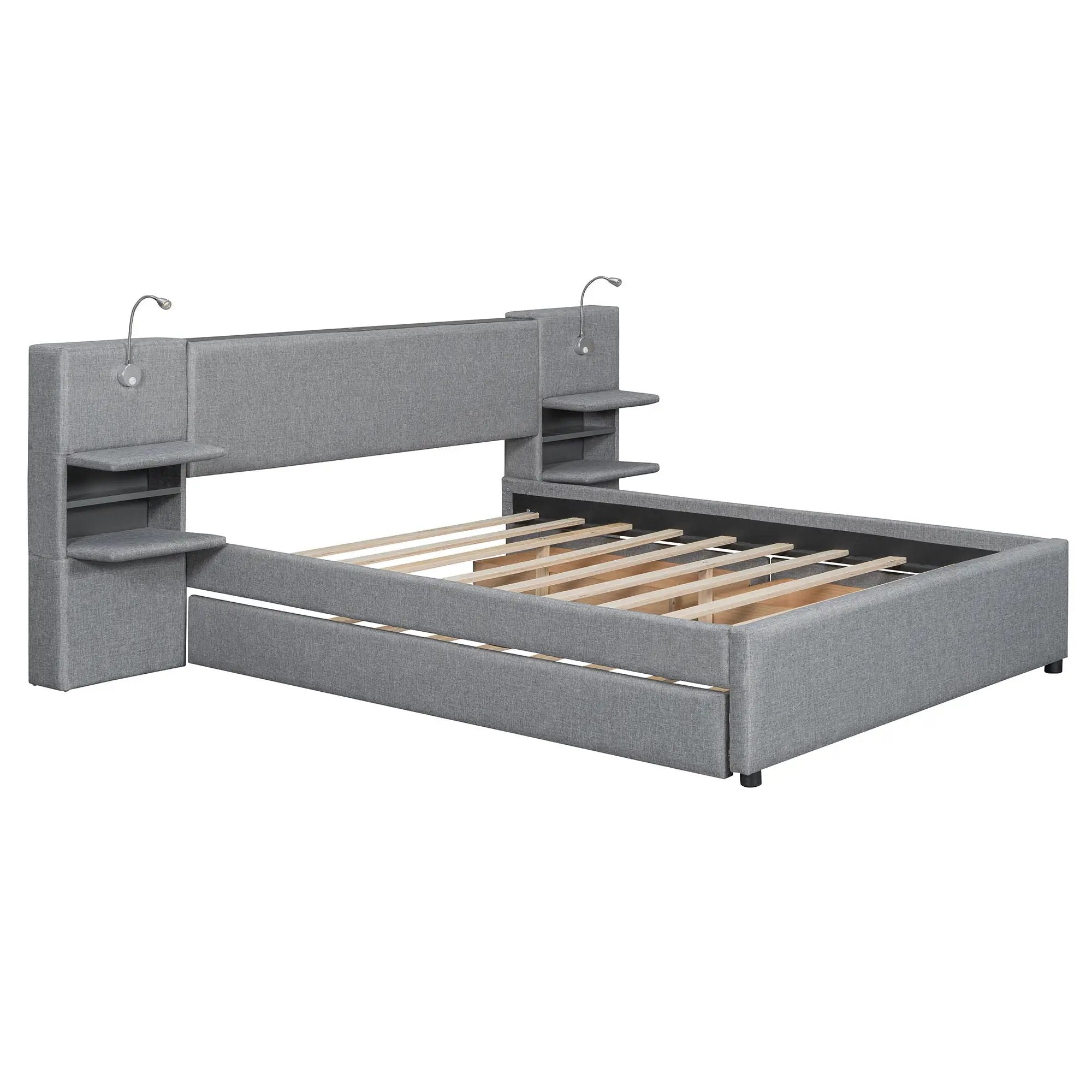 Upholstered Platform Bed With Reading Lights, Drawers, Trundle And Shelves by HouseOfZazla