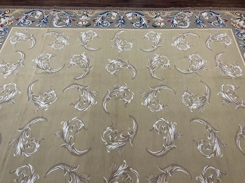 Vintage Aubusson Flatweave Area Rug 9x12, Aubusson Weave, Wool, Beige, Handmade, French European Design, 8'9" x 11'9" by Jewel Rugs