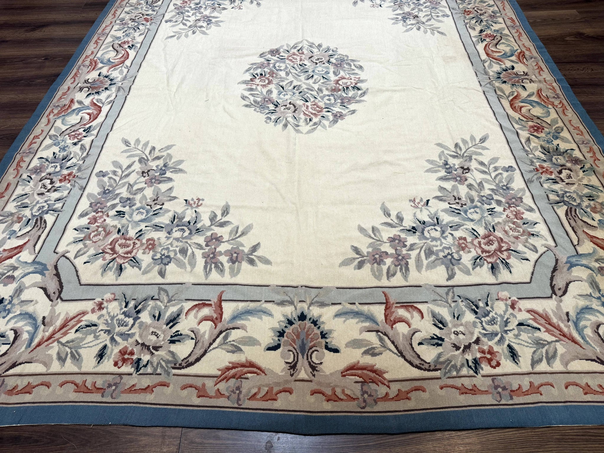 Ivory Needlepoint Rug 8x10, Wool Handmade Carpet by Jewel Rugs