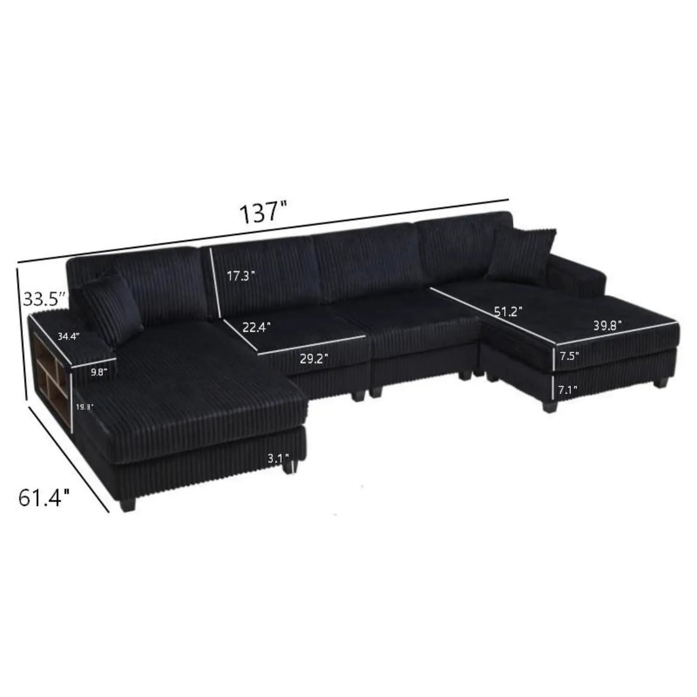 U-Shaped Convertible Sofa, 4 Seater Large Living Room Lounge by Unique Piece Furniture