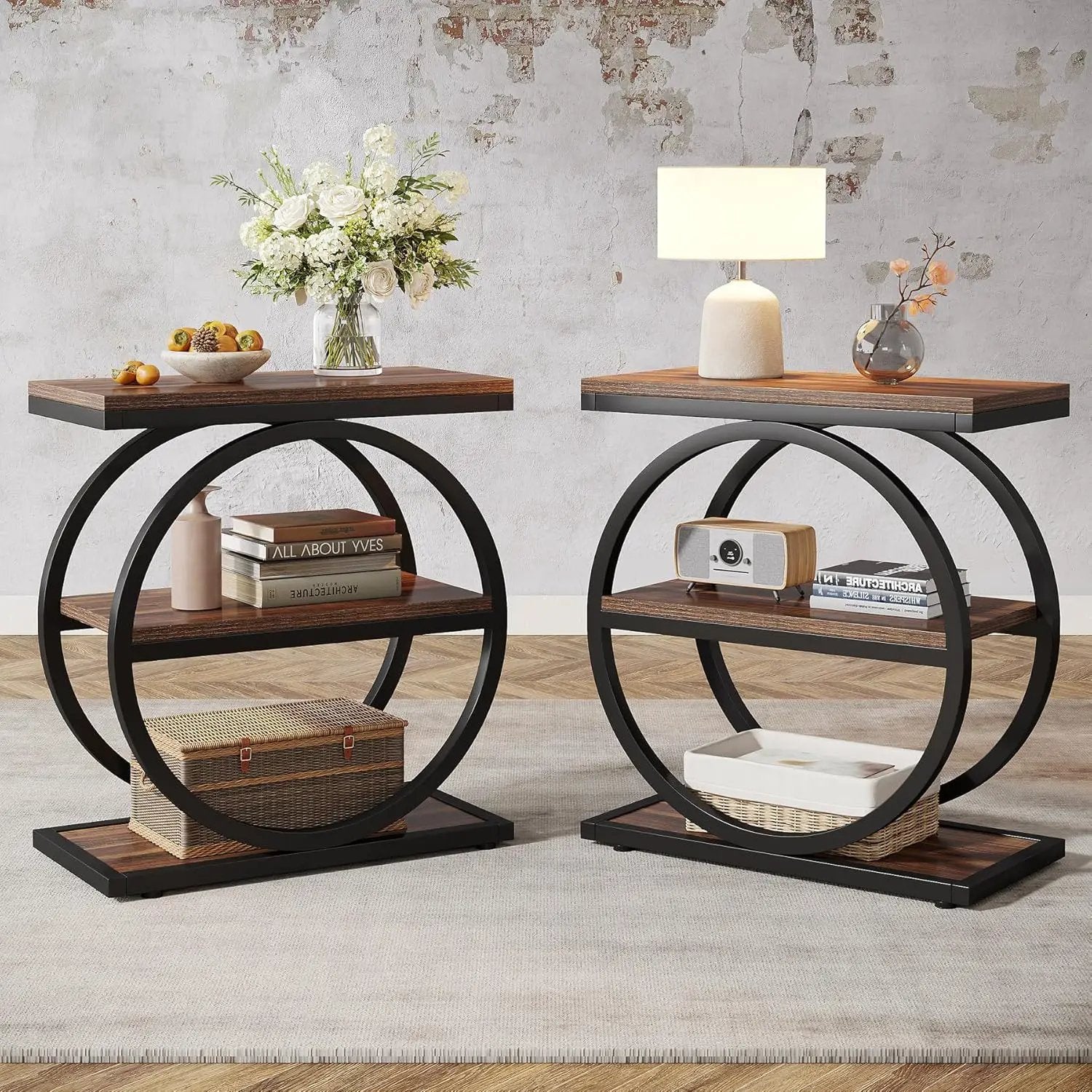 Slim End Tables With 3 Shelves, Compact (Set of 2) - Brown by HouseOfZazla