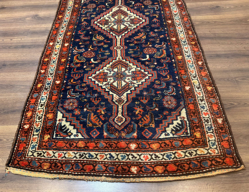 Antique Persian Hamadan Rug 4x6, Geometric, Double Medallions, Navy Blue, Tribal Carpet by Jewel Rugs